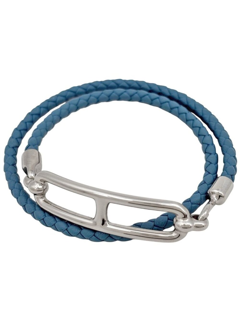 Hermes Double Tour Bracelet Leather Silver Blue
